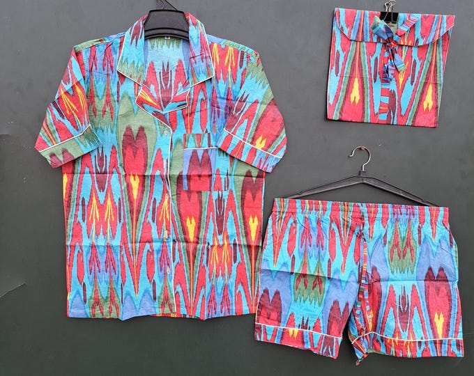 Multi color fabric made cotton night Pj suit| women's sleep wear suit | Ikat block print Pj| summer wear suit| shirt, shorts with cotton bag
