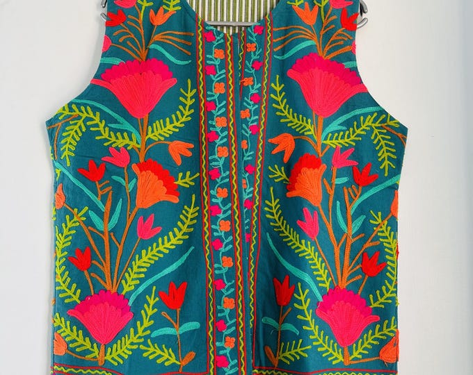 Indian handmade floral Embroidery suzani made sleeve less jacket | women wear vests | Pretty Outdoor jacket | Gift for Christmas.