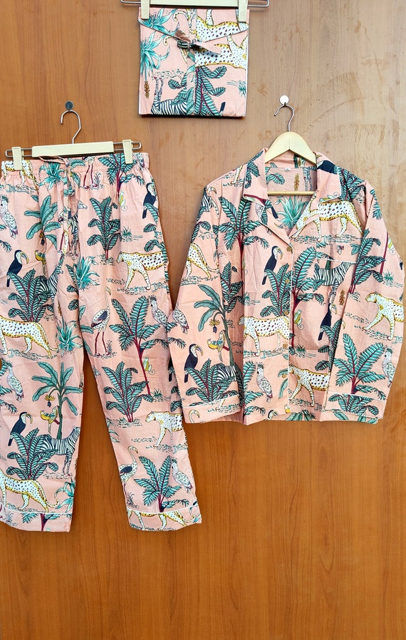 Safari Print Pj Set, Cotton Night Suit, Bridesma id PJs, Jungle Print Pajama Set, Sleepwear, Adult Pajamas, Lounge wear Gift For Hare,