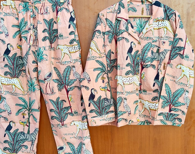 Safari Print Pj Set, Cotton Night Suit, Bridesma id PJs, Jungle Print Pajama Set, Sleepwear, Adult Pajamas, Lounge wear Gift For Hare,