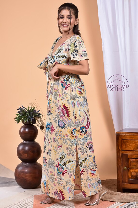 Beige color cotton long midi dress | Women wedding wear dress | Block print women wear gown | Bridesmaid dress | Gift for Christmas.