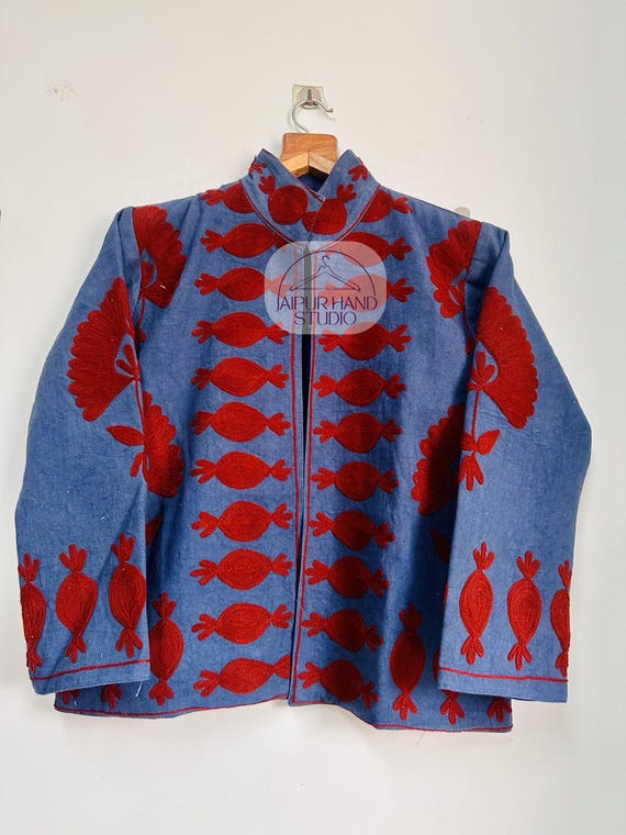 suzani cotton women jacket| Red floral Handmade Embroidery jacket | women wedding wear jackets | Beautiful party jacket | Gift for Christmas