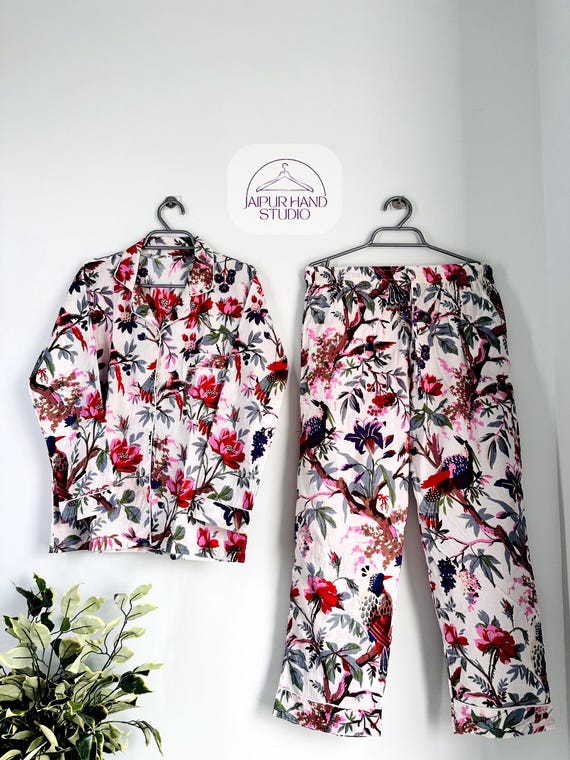 Indian Handmade 100%Cotton Beige Bird Print PJ Sets Women's Sleepwear Night Suit, Sleepwear Comforter Dress, Bridesmaid Long Pajamas Shirt