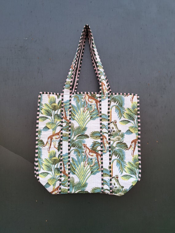 Handmade Quilted Tote Shopping Bag, TIger Print Cotton Market Bag, Jhola Bag, Hippie Bag, Market Bag Reversible Carry Bag, Beach Bag
