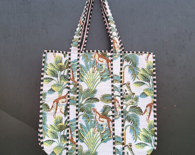 Handmade Quilted Tote Shopping Bag, TIger Print Cotton Market Bag, Jhola Bag, Hippie Bag, Market Bag Reversible Carry Bag, Beach Bag