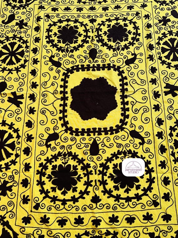 Yellow and black color suzani bedcover | Suzani wall hanging throws | Suzani bedspread | Suzani floral Embroidery table cover | Gift for her