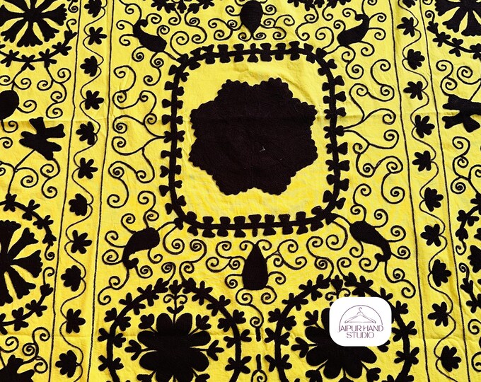 Yellow and black color suzani bedcover | Suzani wall hanging throws | Suzani bedspread | Suzani floral Embroidery table cover | Gift for her