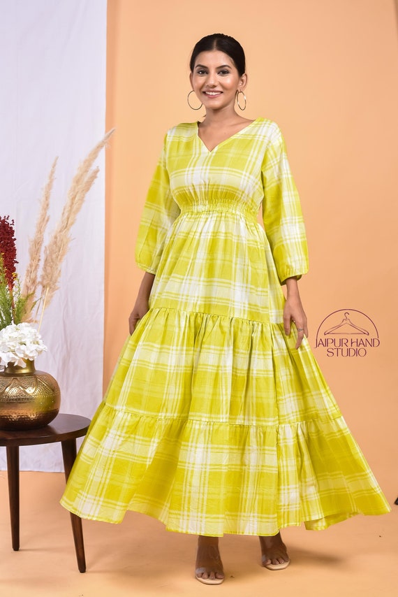 Handmade check print cotton dress| Women Bridesmaid gown | wedding wear long midi dress | Long sleeve dress | Party wear gown | Gift for her