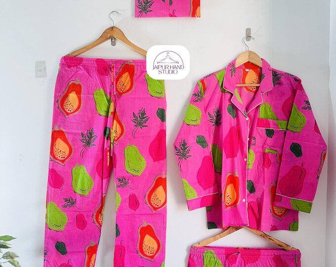 Pink color soft cotton made long pajamas | Women summer wear night suit | Women home wear Pj set | Bridesmaid pajamas | Gift for Christmas.