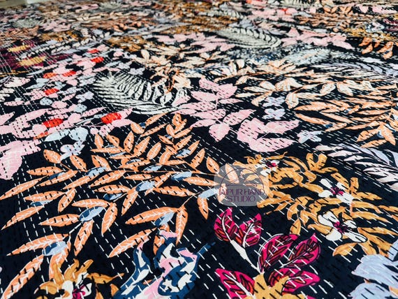 Black color floral print cotton kantha | Unique design kantha bedspread | boho stitching kantha bedcover | kantha home decor | Gift for her.