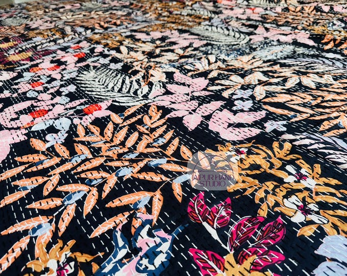 Black color floral print cotton kantha | Unique design kantha bedspread | boho stitching kantha bedcover | kantha home decor | Gift for her.