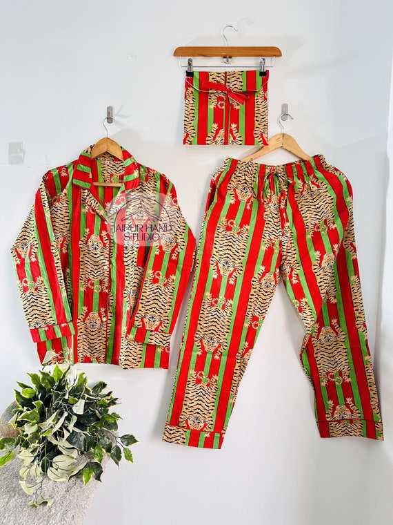 cotton pajama set | tiger print long pajama set| women Night suit | bridesmaid pajamas| Long sleeve pajamas | Handmade Pj set | Gift for her