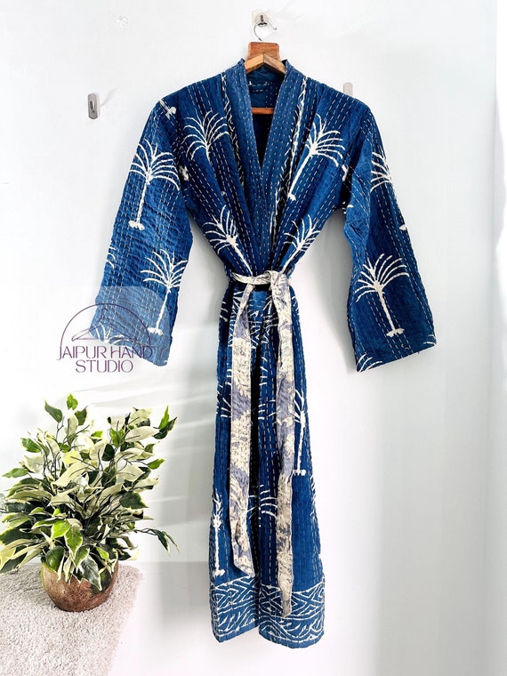 Indian hand block print fabric, kantha kimono bath robe, kantha full coat, outdoor long coat, wear in summer and winter, Gift for Christmas