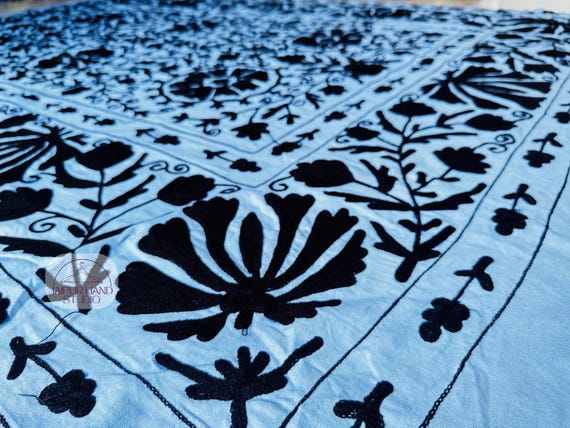 Blue and black combination suzani bedspread | Beautiful wall hanging throws | Suzani Queen size tapestry | Bridesmaid suzani | Gift for her.
