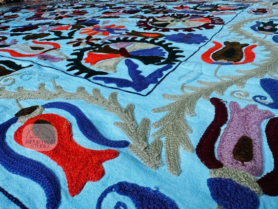 Blue color suzani bedspread | Handmade suzani throws | Niddle work suzani tapestry | Suzani blanket | Bridesmaid suzani | Gift for her.