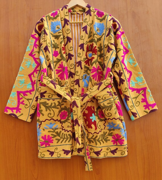 Indian Cotton New Suzani Embroidery Jacket, summer Warmed Coat, Women's Coat, Cotton Quilted Jacket Kimono free shipping