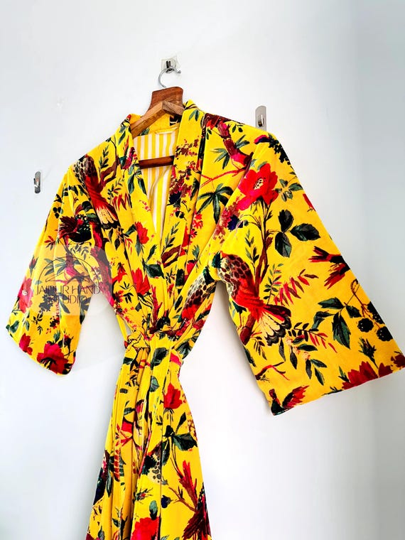 Boho Velvet Kimono Robe/ Bell Sleeve Cotton Duster Cardigan/ Long Sleeve Hippie Boho Luxury Resort Wear Kimono/ Holiday Vacation Wear Robe