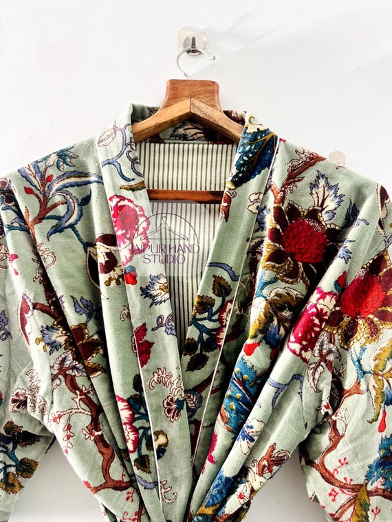 100% Cotton Velvet beautifully printed kimonos/ Robe/ Lounge Wear- green The red floral robe! Indian Velvet Kimono Robe, Long Dressing gift.