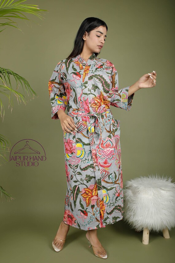 Grey color Bridesmaid cotton robe | women beach wear kimono | Summer wear printed robes | Lovely floral print robes | Gift for Christmas.