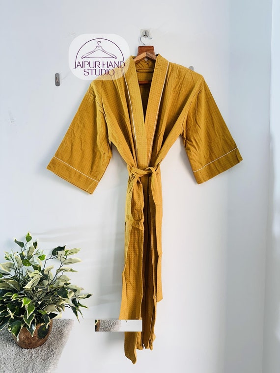 Indian hand made Waffle Robe Kimono Robe Linen Spa Robe Robe Bath Robe Home Wear bloom Unisex Bathrobe, Waffle Robe Long For Women and Men,