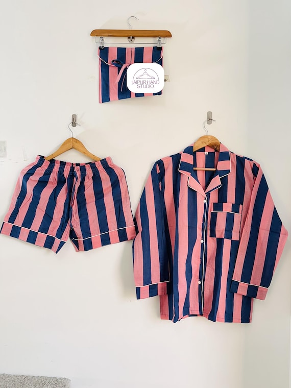 Pink and blue color long sleeve shirt and shorts | Women wear night suit | Home wear short Pj set | Bridesmaid pajamas | Gift for Christmas.