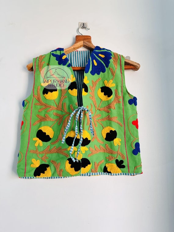 Indian Handmade Embroidery vests | Green color suzani jacket | Buy vests and get Beautiful look | | women wedding wear vests | Gift for her.