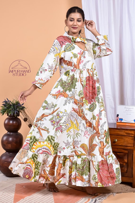 Beautiful floral print cotton midi dress | Women wear long dress | Long sleeve women gown | Bridesmaid dress | Gift for Christmas.