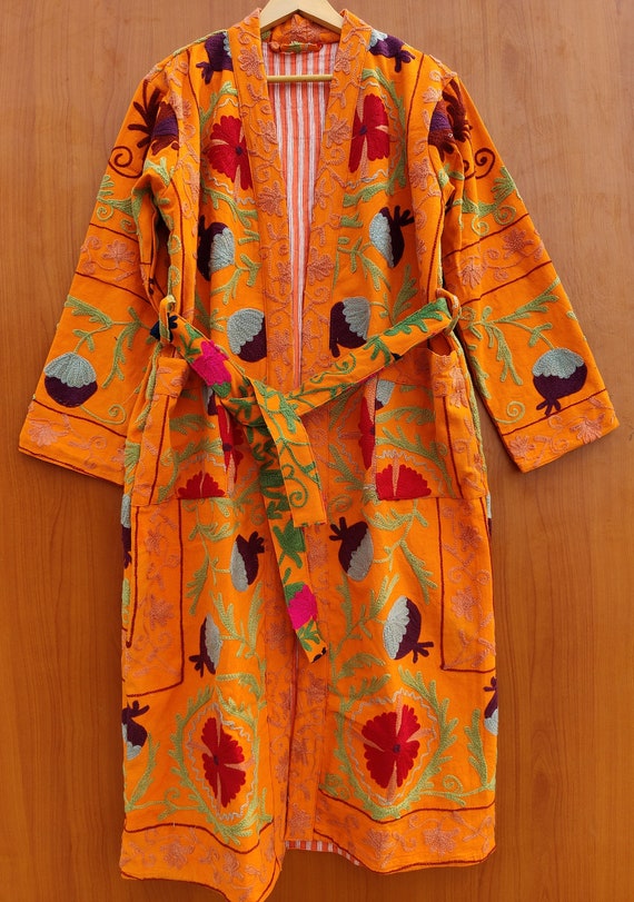 Handmade Cotton Embroidery Long Suzani bathrobe, Indian Style Winter Coat, Women Party Wear Hand Stitch Uzbek Suzani Embroidered Coat, gifts
