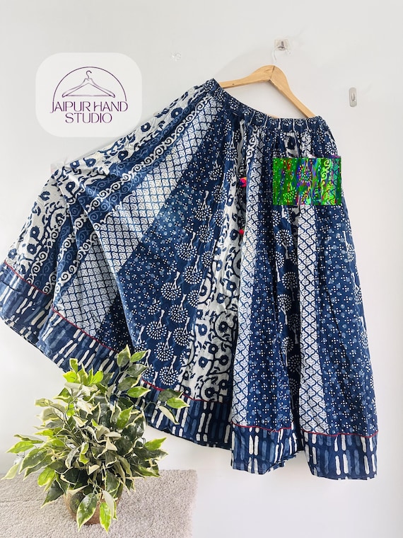 Women's Blue Cotton Wrap Skirt| Jaipuri Print | Rajasthani Block Printed Skirt | Warp skirt| Bohemian Skirt| Assorted Cotton fabric skirt |
