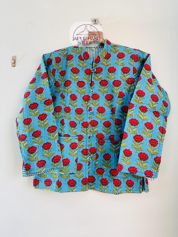 Red rose block printed Quilted jacket | Handmade stitched jacket | women winter wear jacket | Long sleeve winter short coat | Gift for her.