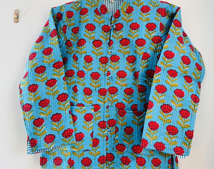 Red rose block printed Quilted jacket | Handmade stitched jacket | women winter wear jacket | Long sleeve winter short coat | Gift for her.