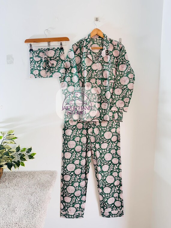 Women Long Pajamas Set | Indian Cotton floral Print | Nightwear Pajama Set | 100% Cotton Soft Comfortable Pj Suit | Bridesmaid Pajamas.