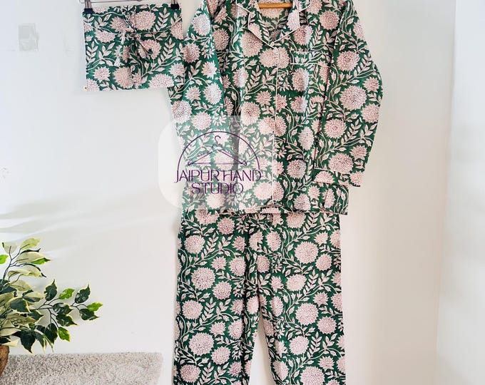 Women Long Pajamas Set | Indian Cotton floral Print | Nightwear Pajama Set | 100% Cotton Soft Comfortable Pj Suit | Bridesmaid Pajamas.
