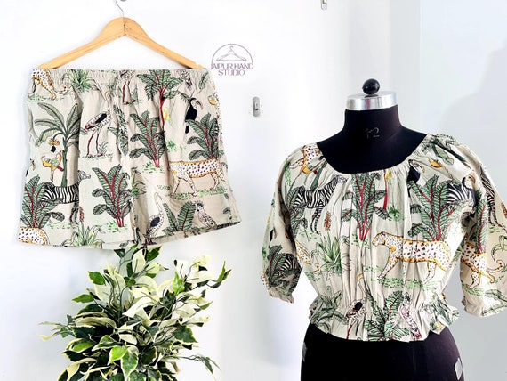 Beige color new jungle print, crop top and shorts set for summer wear and wear for her wedding, Girt for Christmas, Gift for her girl