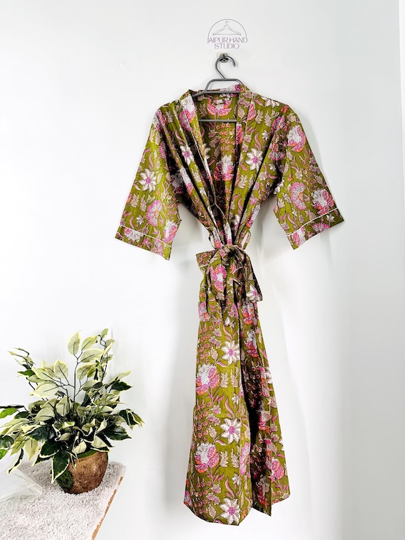 Cotton Kimono Robe Dressing Gown, Block Print Bridesmaid Robe, Summer Nightwear, One Size