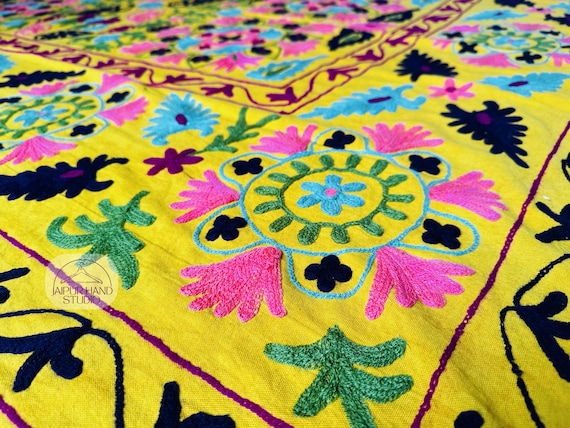Yellow color cotton suzani bedspread | Handmade suzani tapestry | Beautiful floral Embroidery throws | Bridesmaid suzani | Gift for her.