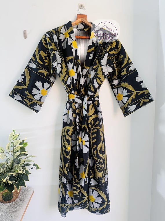 Black color suzani women wear kimono | Beautiful floral Embroidery design robe | winter wear long jacket with belt | Gift for Christmas.