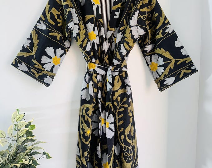 Black color suzani women wear kimono | Beautiful floral Embroidery design robe | winter wear long jacket with belt | Gift for Christmas.