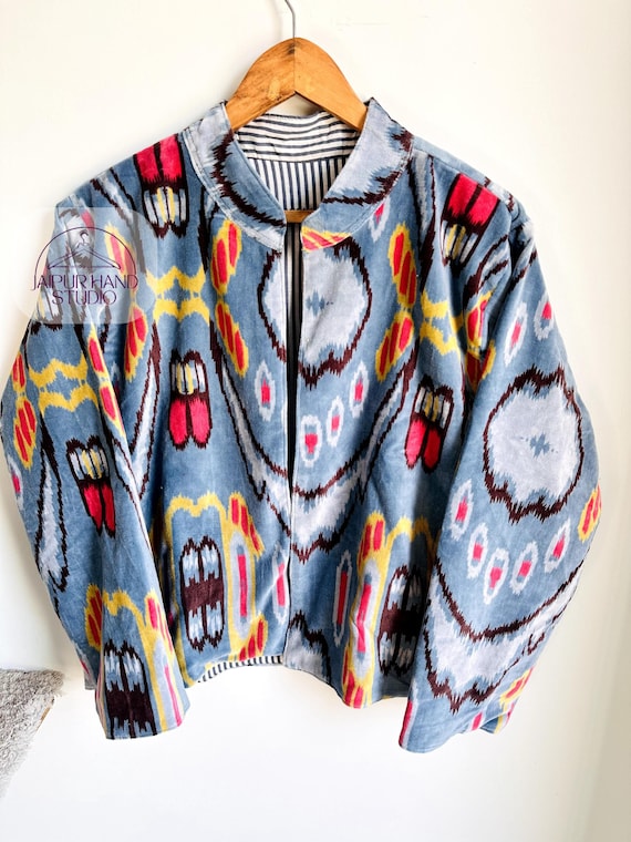 Indian ikat design jacket | velvet and soft cotton made | winter wear outfit | women's outdoor jacket | multicolor floral print | gift forhr