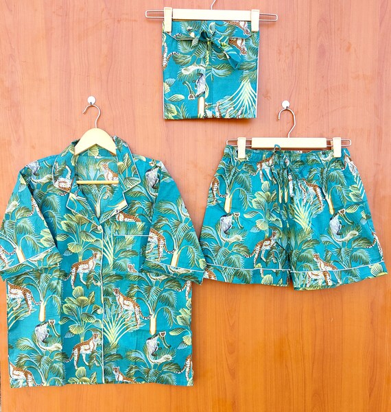 Munky Jungle Print short Pajamas,Jungle Print Pure Cotton Pj’s, Pajamas Set ,Indian Cotton,Night Wear, Soft Cotton Night Suit- Gift For Her
