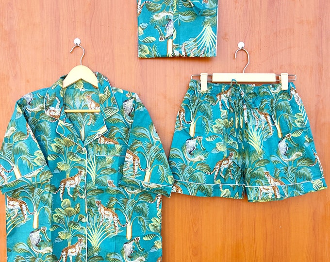 Munky Jungle Print short Pajamas,Jungle Print Pure Cotton Pj’s, Pajamas Set ,Indian Cotton,Night Wear, Soft Cotton Night Suit- Gift For Her