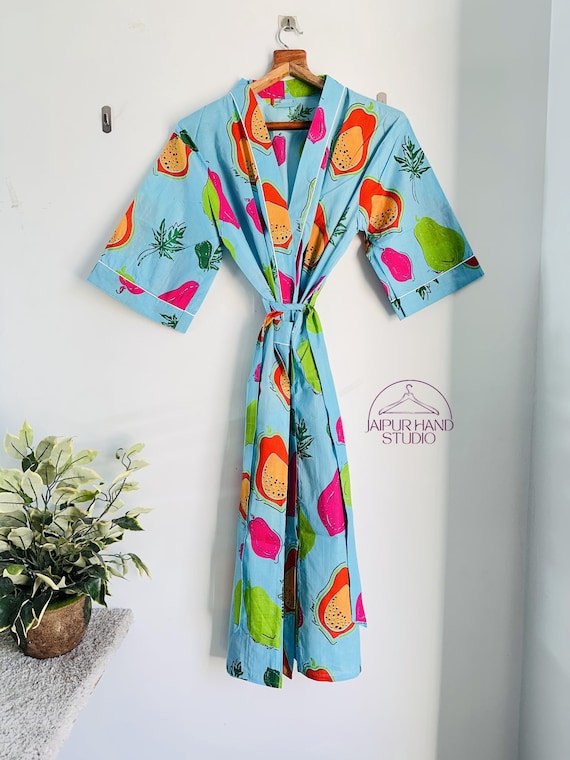 Blue color fruit print cotton bath robe| Wedding wear soft robe| summer wear robes | Long sleeve robe | Bridesmaid robe | Gift for Christmas