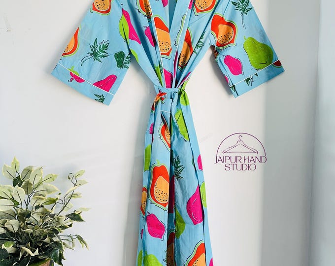 Blue color fruit print cotton bath robe| Wedding wear soft robe| summer wear robes | Long sleeve robe | Bridesmaid robe | Gift for Christmas