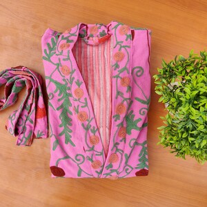 Suzani Work Kimono, Hand Embroidered Suzani Work Kimono, Hand Embroidered Robe, Cotton Kimono Jacket, Tie Belt Coat, Bath Robe Dressing Gown image 8