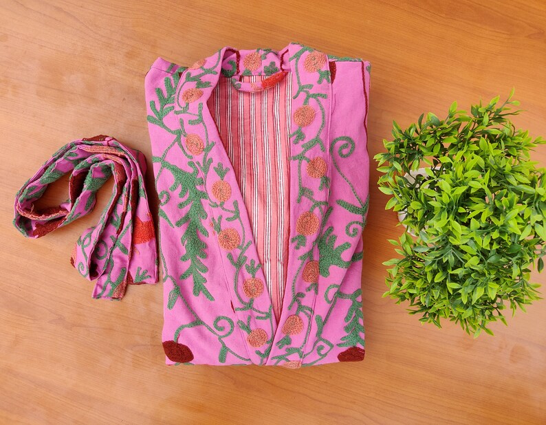 Suzani Work Kimono, Hand Embroidered Suzani Work Kimono, Hand Embroidered Robe, Cotton Kimono Jacket, Tie Belt Coat, Bath Robe Dressing Gown image 8