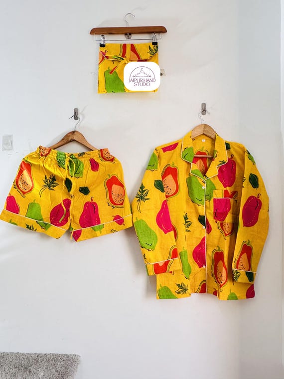 Fruits block print short night suit | Women home wear pajamas | soft cotton shorts and shirt | Bridesmaid pajamas | Gift for Christmas.