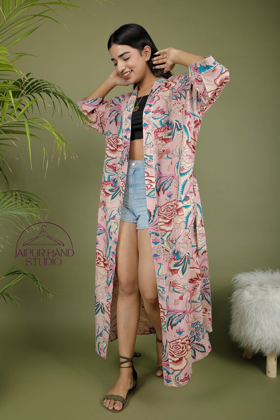 Pink color block print bath robes | women wear long gown | Pregnant lady dress | Cotton beach wear robes | Bridesmaid robe | Gift for her.