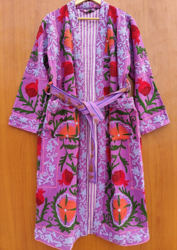 Handmade Cotton Embroidery Long Suzani bathrobe, Indian Style Winter Coat, Women Party Wear Hand Stitch Uzbek Suzani Embroidered Coat, gifts