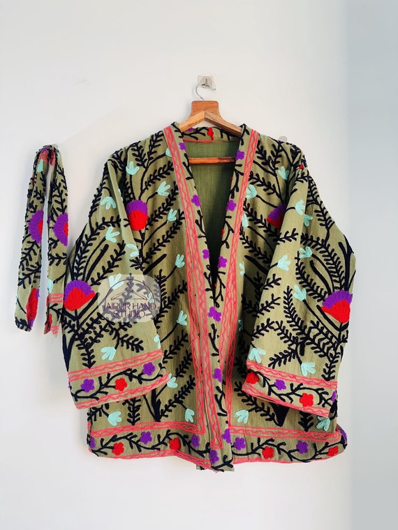 Niddle work suzani short jacket | women boho short kimono | bridesmaid robe | handmade robe | party wear short jacket | Gift for Christmas.