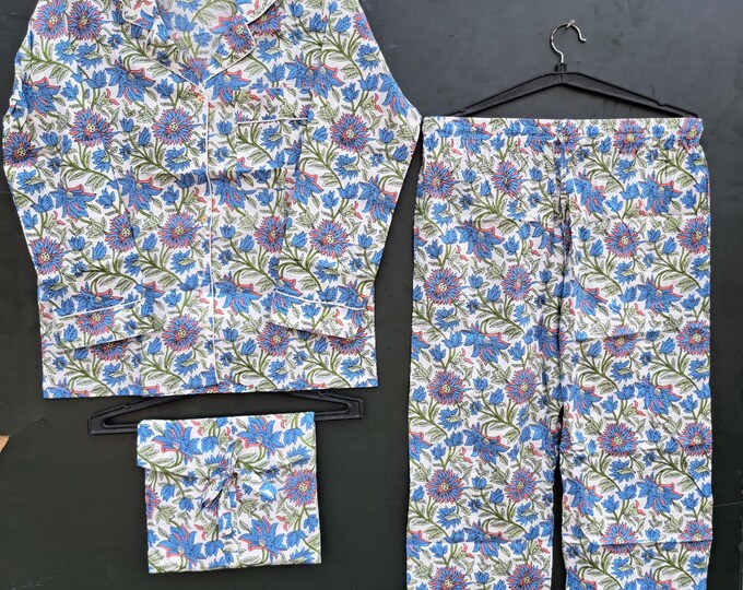 long  Pajama Set, Indian 100% Cotton long  Wear, Women's Pajama Set's, Floral Print Pajama Set's, Brides as, long Pajama Set, Gift for Her.